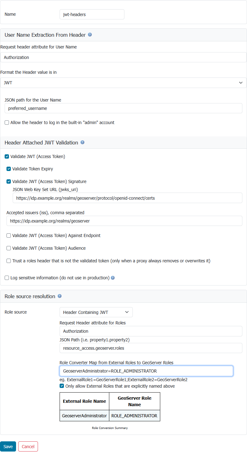 JWT Headers filter panel for a new filter, validating the token signature against a JSON Web Key Set with an accepted issuer, and taking the roles from the same validated token