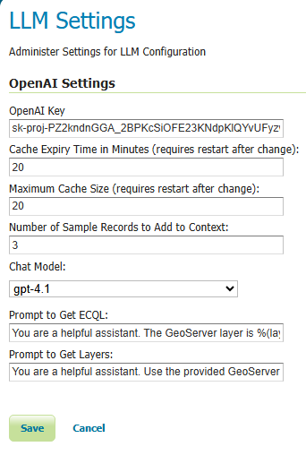 GeoServer WPS OpenAI Settings screen
