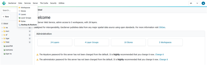 GeoServer admin menu showing the new Backup and Restore section