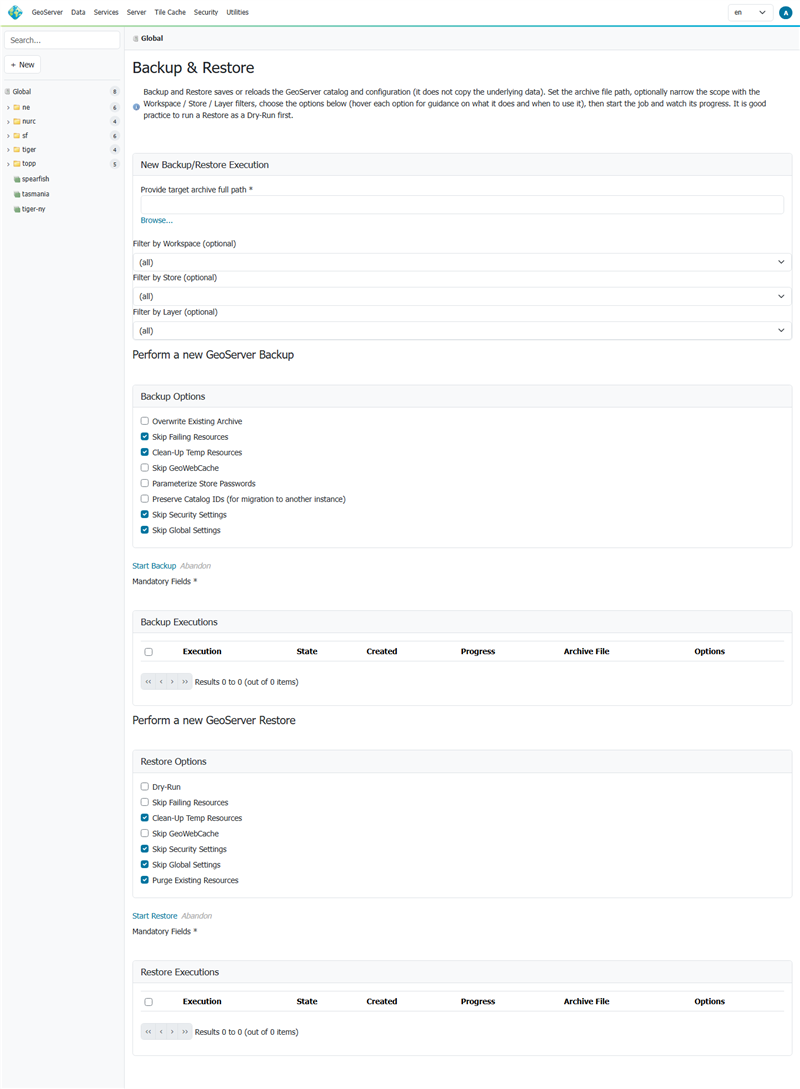 Backup and Restore configuration page with archive path, filter and option checkboxes
