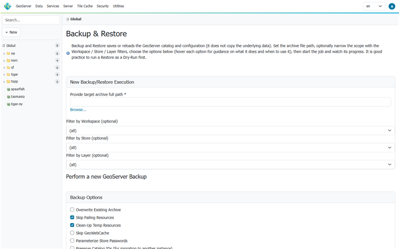 Backup configuration filled in with a target archive path ready to start