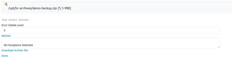 Execution details page with the Download Archive File link at the bottom