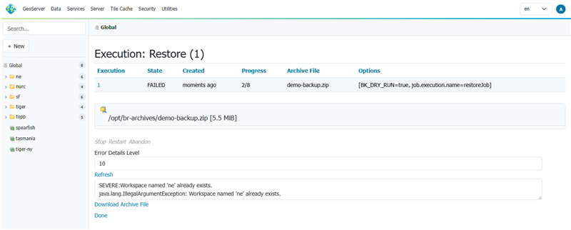 Execution details with the error detail level raised to show the stack trace