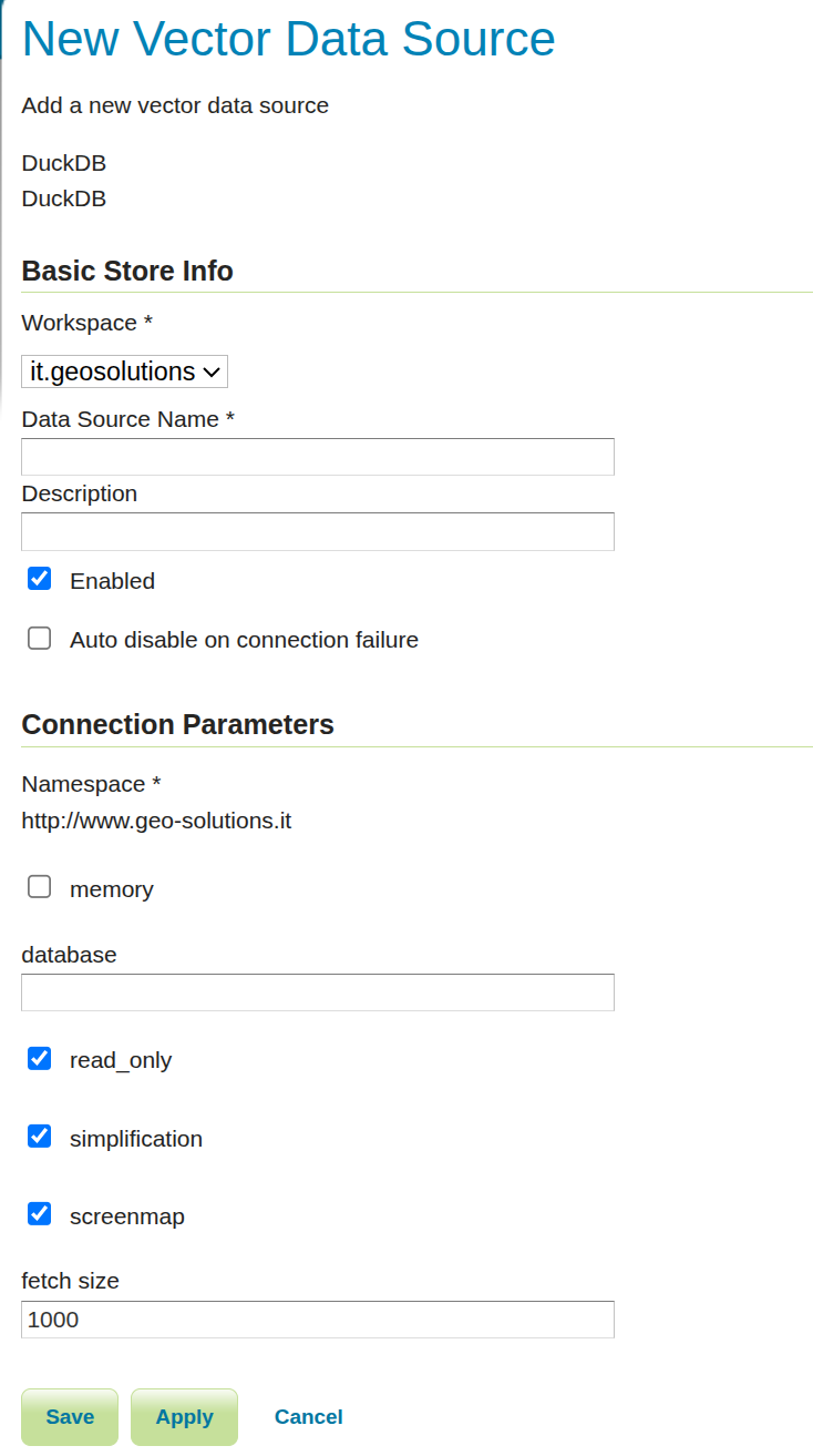 DuckDB store configuration form in GeoServer